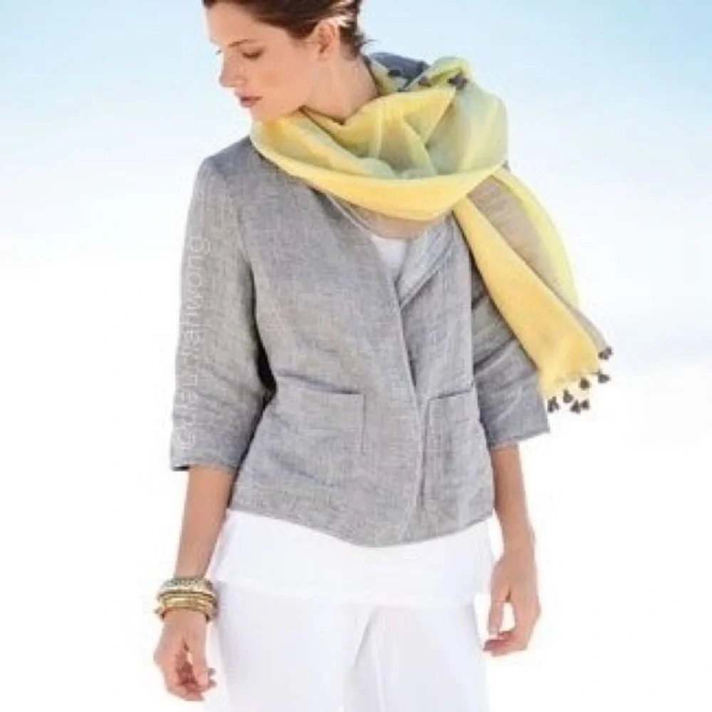 EILEEN FISHER Check Linen Round Neck Jacket in Dark Pearl Grey